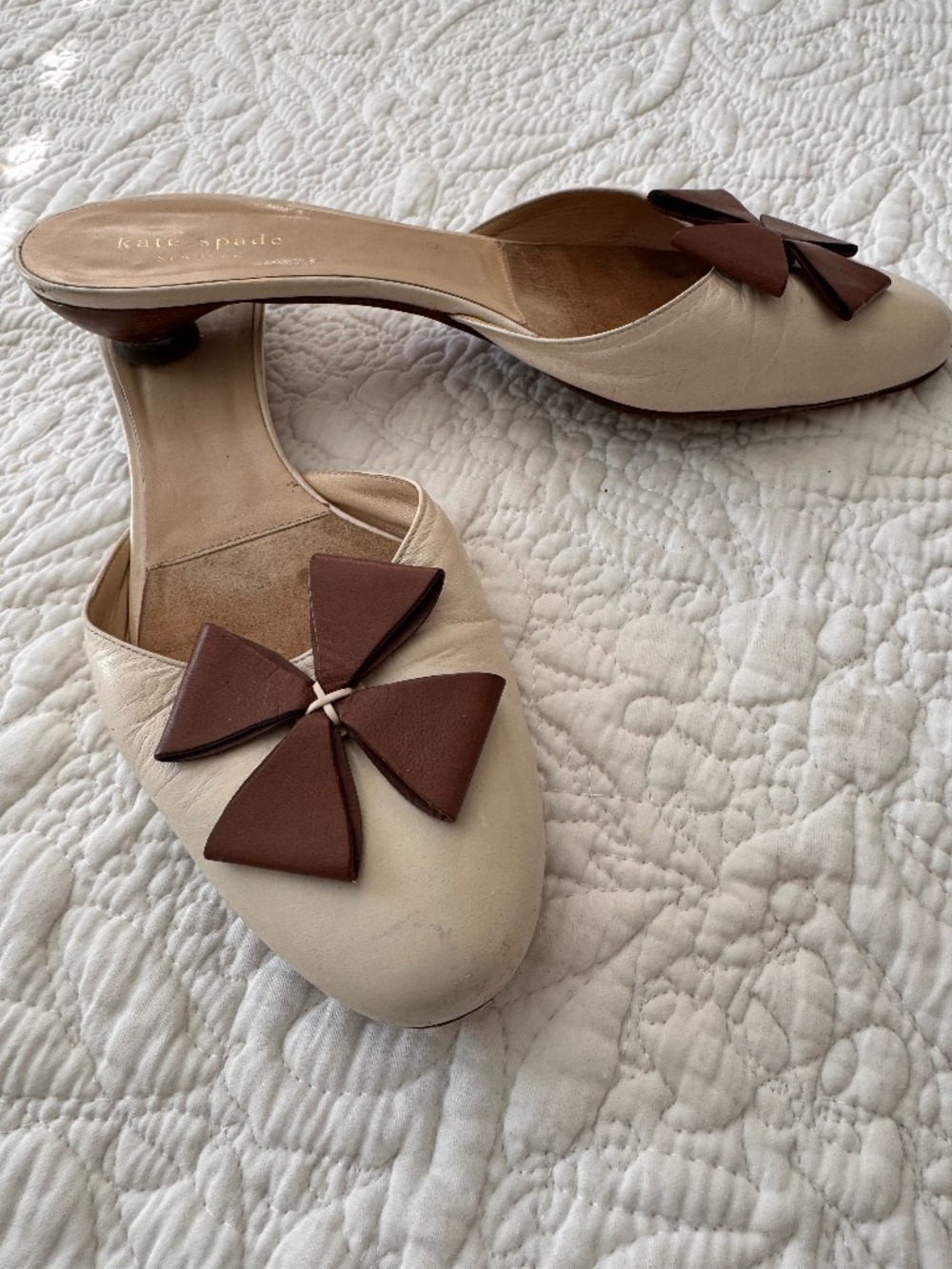 Kate Spade Cream Flat Mules with Brown Bows